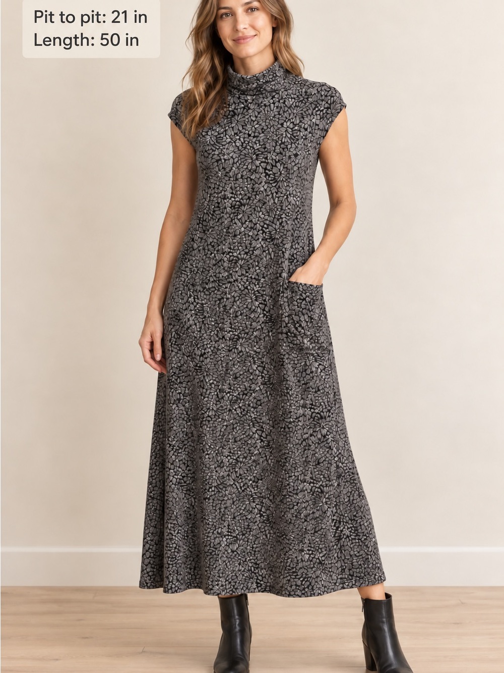 Garnet Hill XS Gray Black Floral Mock Neck Cap Sleeve Maxi Dress Pocket